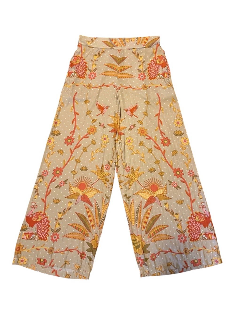 Rose & Olive Beige Floral Wide-Leg Pants Coral Mustard Print Size M EUC Boho - Picture 3 of 10
